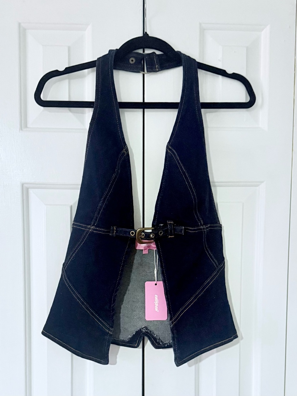 EDIKTED NWT Dark Indigo Halter Top Under Bust Detail Open Front Size Small